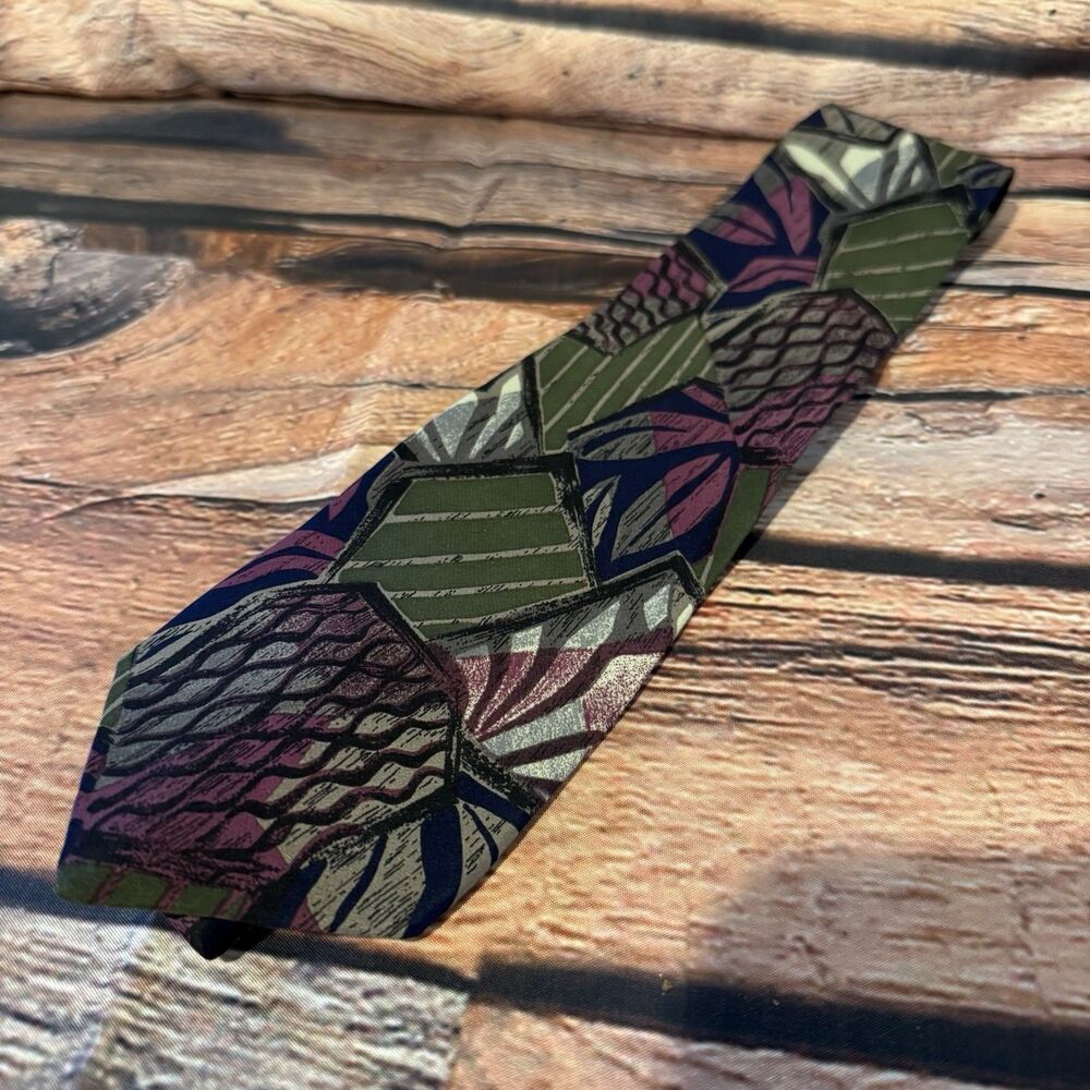 Enrico Coveri Tie Mens Silk Vintage Abstract Geometric Green Purple Made In USA